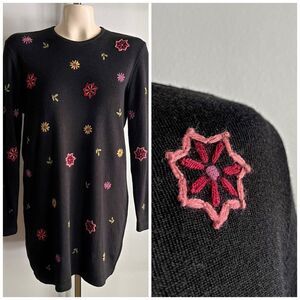 Vintage 90’s Liz Claiborne embroidered hippie floral medallion black mini dress